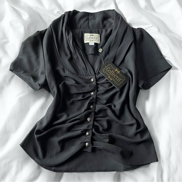 Vintage Tops - Vintage 1950s/60s Collectif Black Button Up Ladies Blouse